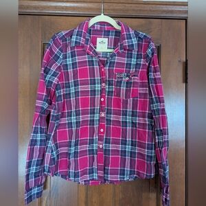 Hollister plaid long sleeve button up shirt - large - pink black and white